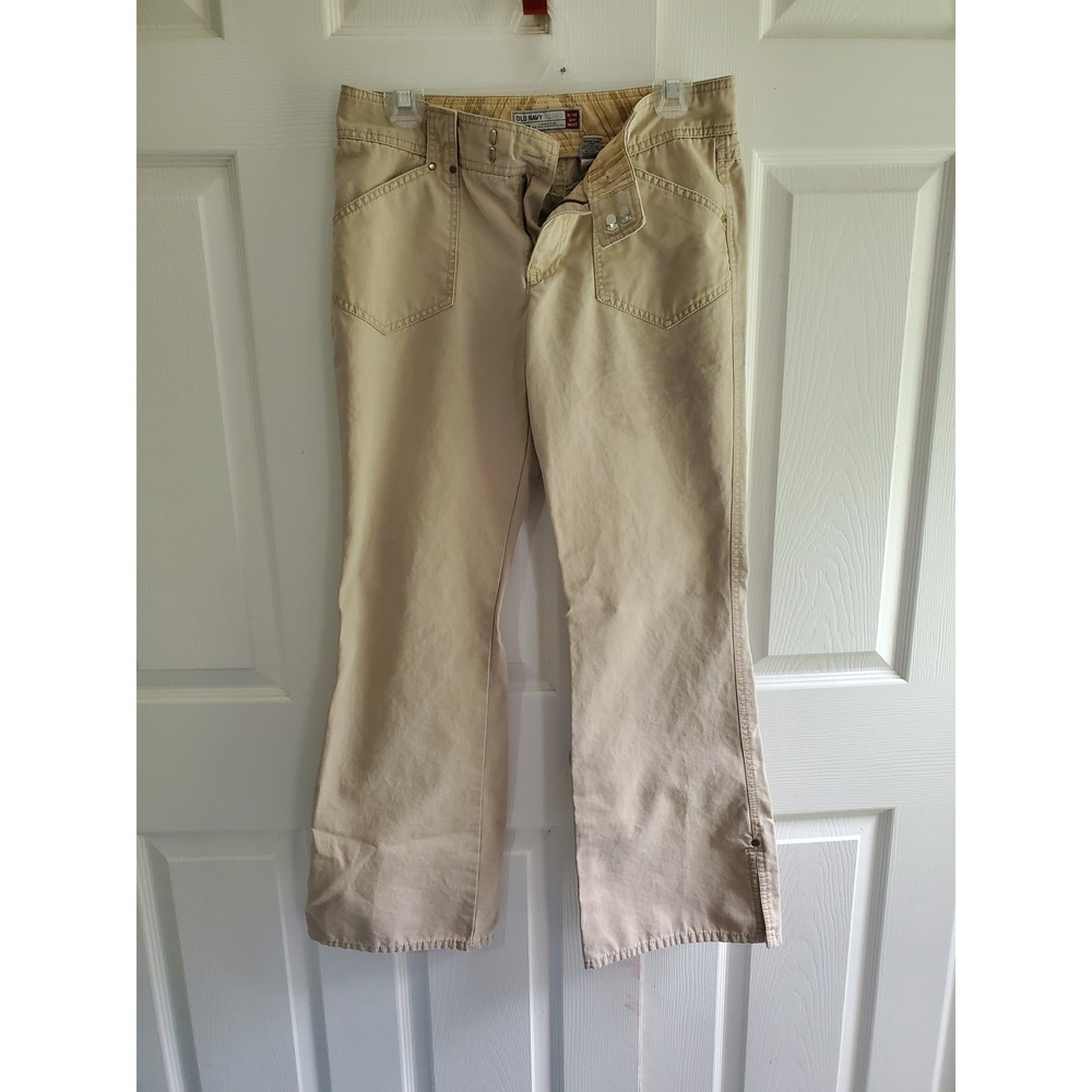 Y2K Old Navy Ultra Low Waist Khaki Pants Tan Flare Leg 100% Cotton Womens Size 8